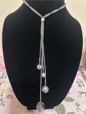 Lia Sophia Silver-Tone Crystal, Bead & Pearl Lariat Necklace